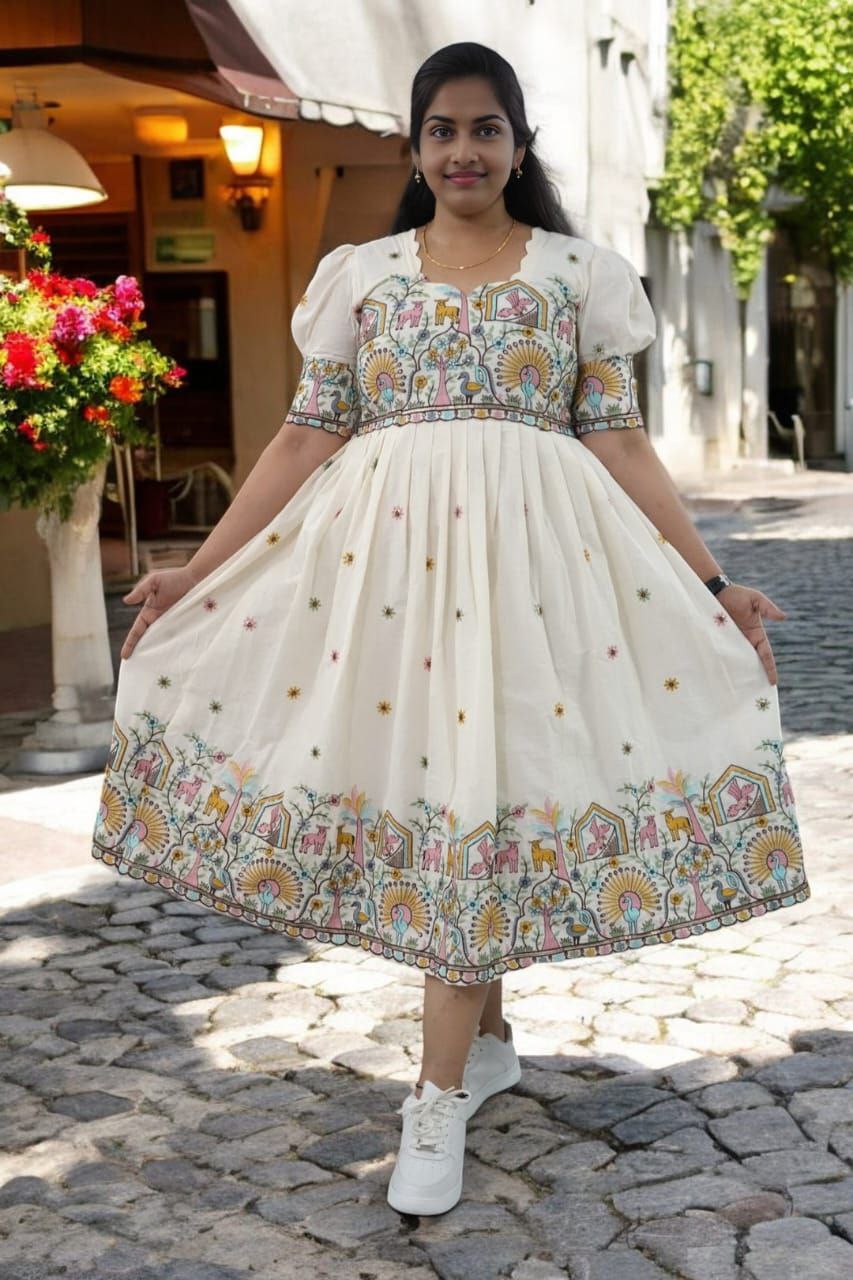 New Arrival Off-White Cotton Frock for Women | Embroidered Thread Work | Full Flair Dress with Zip