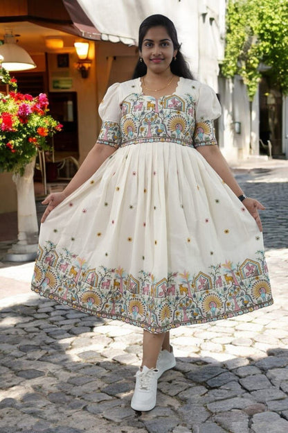 New Arrival Off-White Cotton Frock for Women | Embroidered Thread Work | Full Flair Dress with Zip