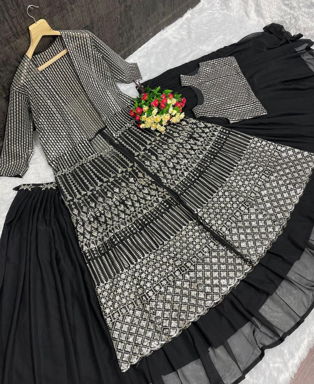 New Designer Georgette Lehenga with Heavy Koti – Embroidery & Sequins