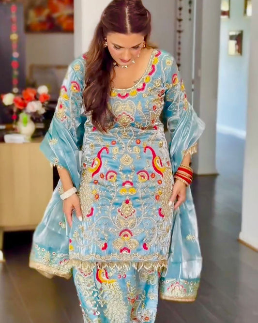 Luxurious Sky Blue 3-Piece Plazzo Set | Heavy Jimmy Choo Party Wear Top, Plazzo & Dupatta