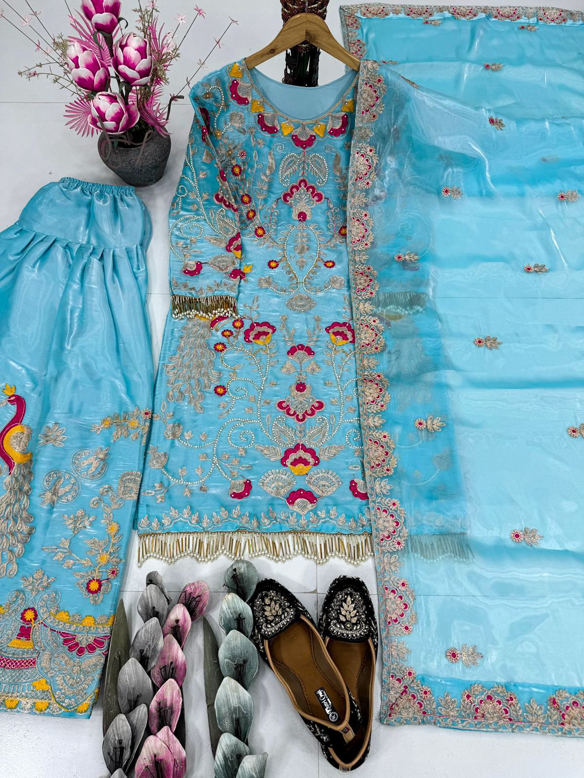 Luxurious Sky Blue 3-Piece Plazzo Set | Heavy Jimmy Choo Party Wear Top, Plazzo & Dupatta