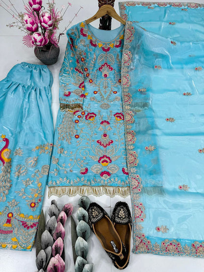 Luxurious Sky Blue 3-Piece Plazzo Set | Heavy Jimmy Choo Party Wear Top, Plazzo & Dupatta