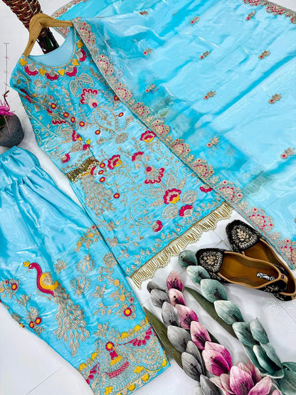 Luxurious Sky Blue 3-Piece Plazzo Set | Heavy Jimmy Choo Party Wear Top, Plazzo & Dupatta