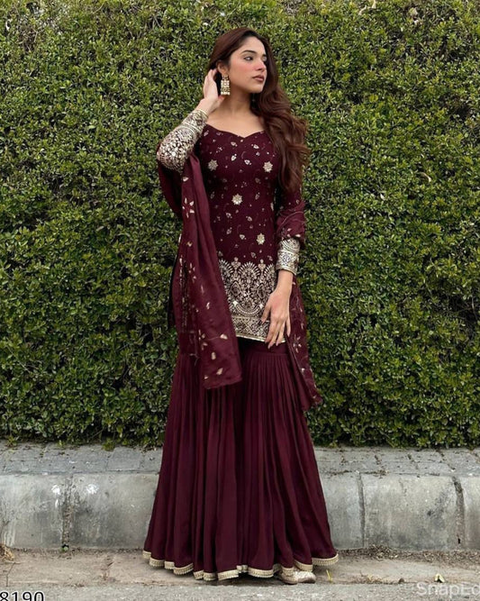 Maroon Sharara Palazzo Dress for Karwa Chauth