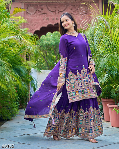 Karwa Chauth Special Dress: New Designer Pure Chinnon Silk Suit – Heavy Embroidery Coding Dori
