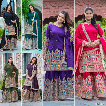 Karwa Chauth Special Dress: New Designer Pure Chinnon Silk Suit – Heavy Embroidery Coding Dori