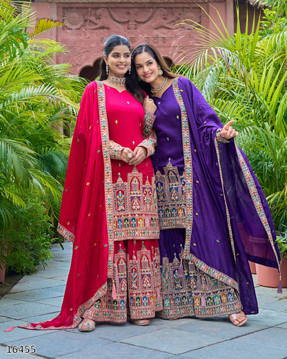 Karwa Chauth Special Dress: New Designer Pure Chinnon Silk Suit – Heavy Embroidery Coding Dori