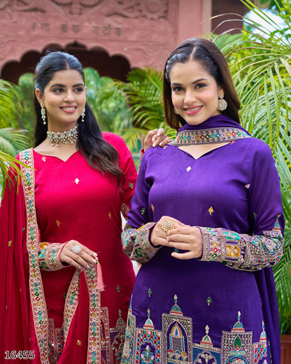 Karwa Chauth Special Dress: New Designer Pure Chinnon Silk Suit – Heavy Embroidery Coding Dori