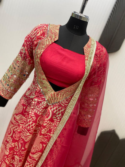 New Trendy 4-Piece Indo Western Set – Embroidered Chinon Top, Blouse, Pant & Organza Dupatta