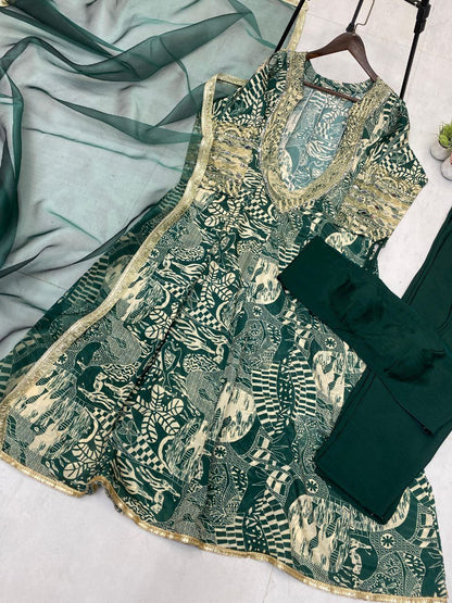 New Trendy 4-Piece Indo Western Set – Embroidered Chinon Top, Blouse, Pant & Organza Dupatta
