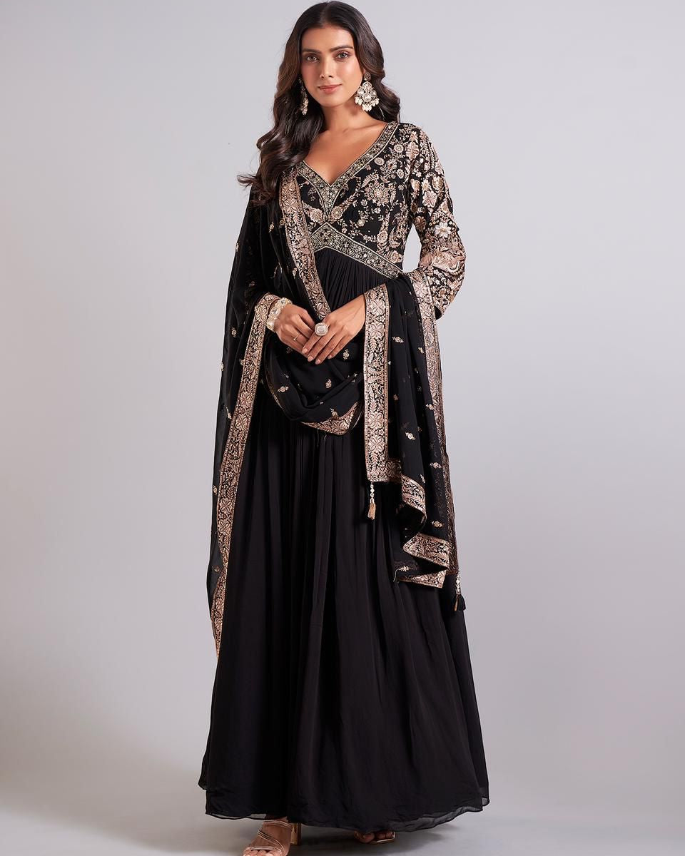 Designer Faux Georgette Gown | Embroidered Party Wear with Dupatta