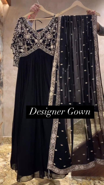 Designer Faux Georgette Gown | Embroidered Party Wear with Dupatta