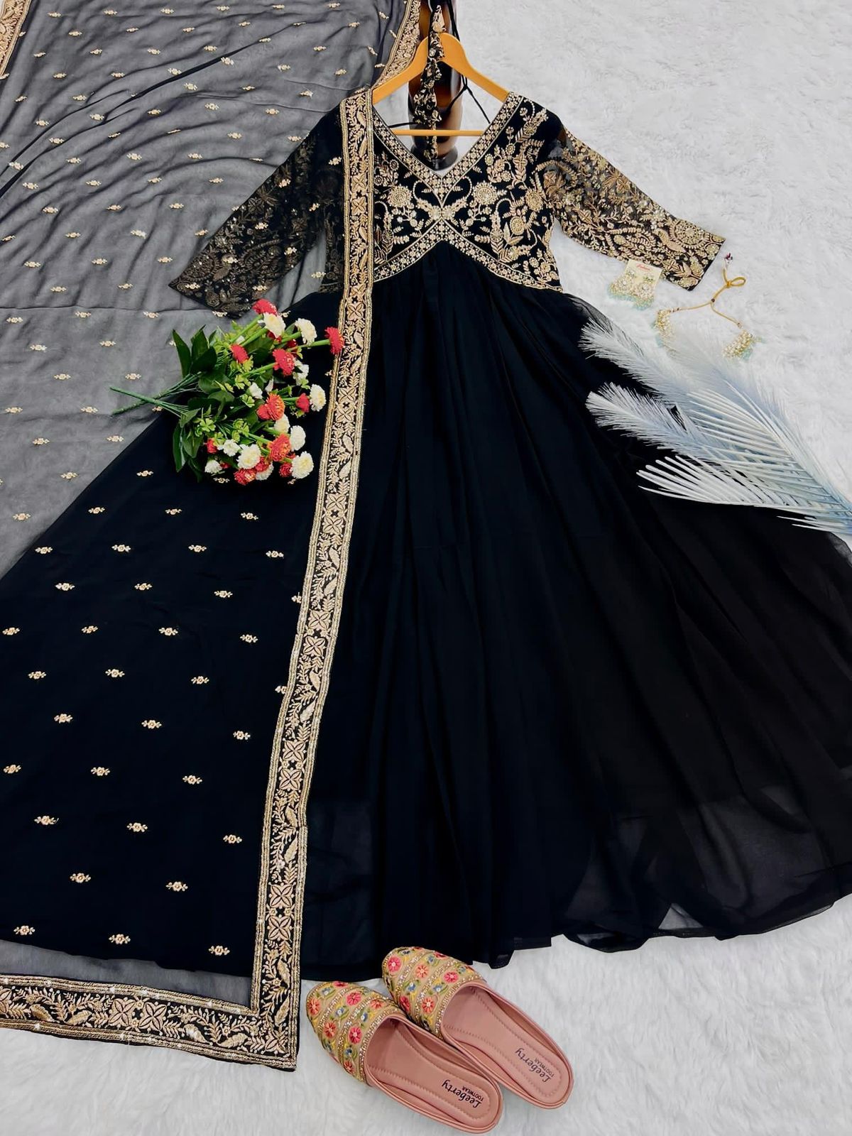 Designer Faux Georgette Gown | Embroidered Party Wear with Dupatta