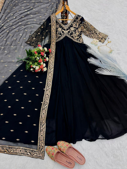 Designer Faux Georgette Gown | Embroidered Party Wear with Dupatta