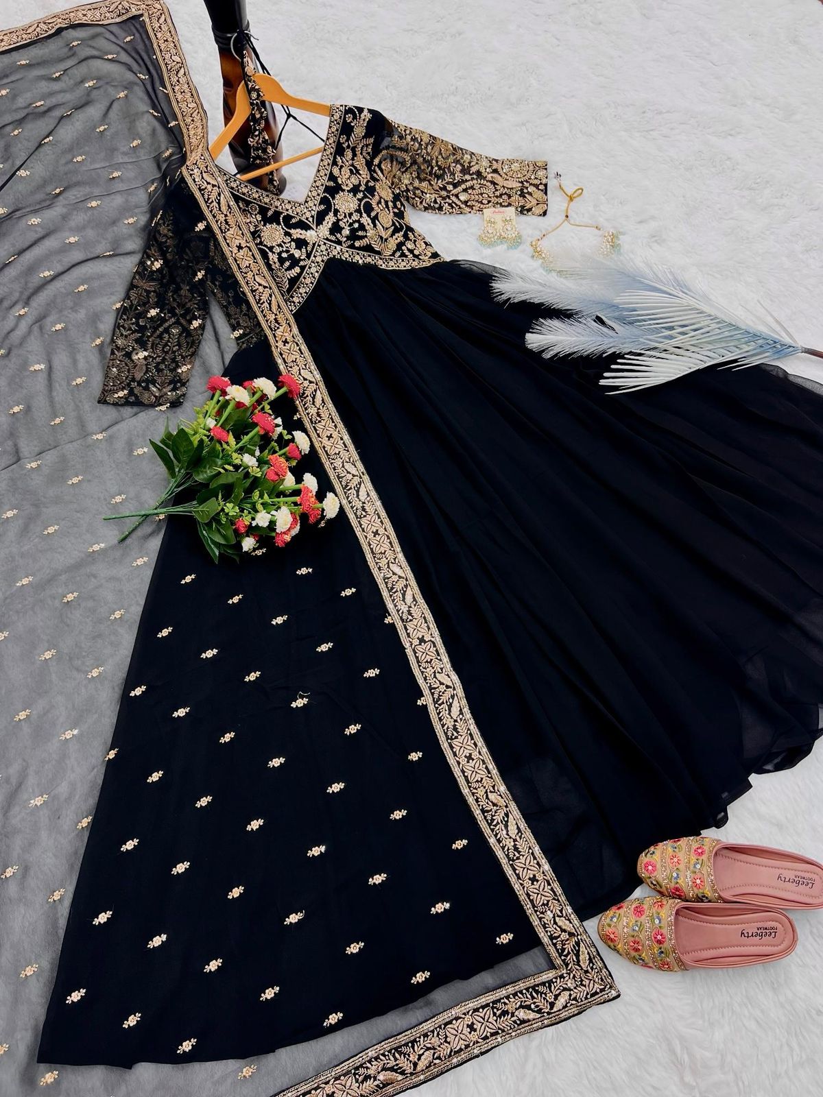 Designer Faux Georgette Gown | Embroidered Party Wear with Dupatta