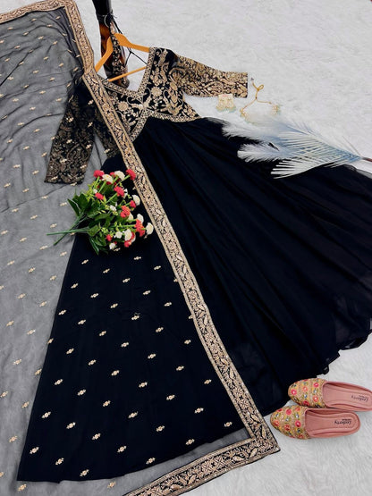 Designer Faux Georgette Gown | Embroidered Party Wear with Dupatta