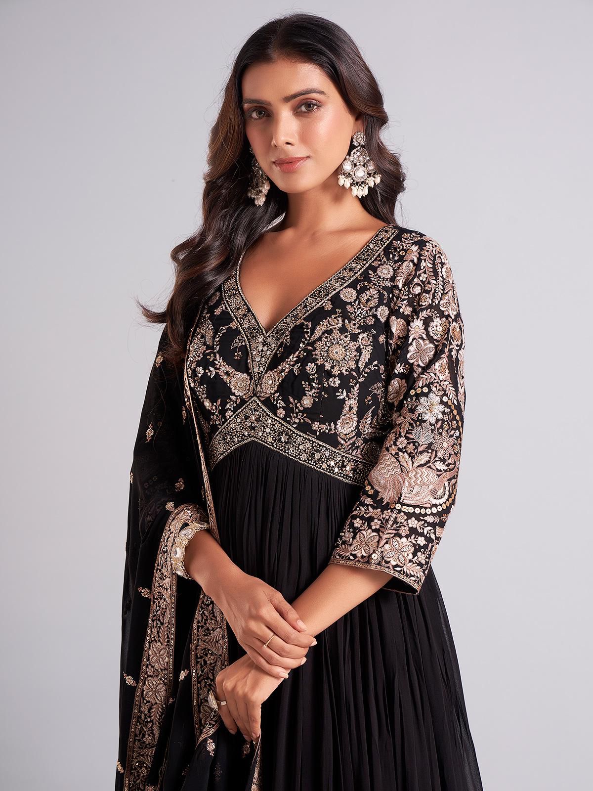 Designer Faux Georgette Gown | Embroidered Party Wear with Dupatta
