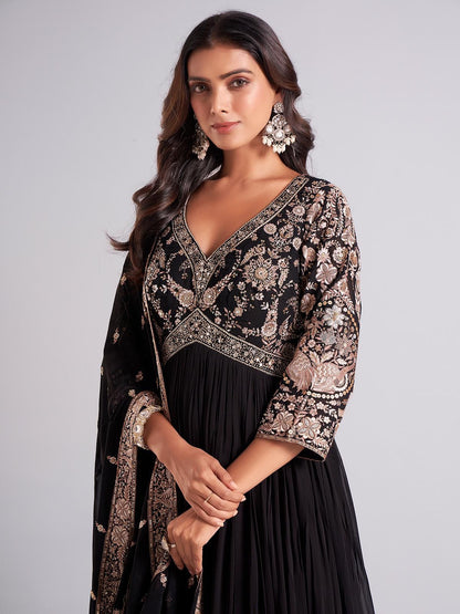 Designer Faux Georgette Gown | Embroidered Party Wear with Dupatta