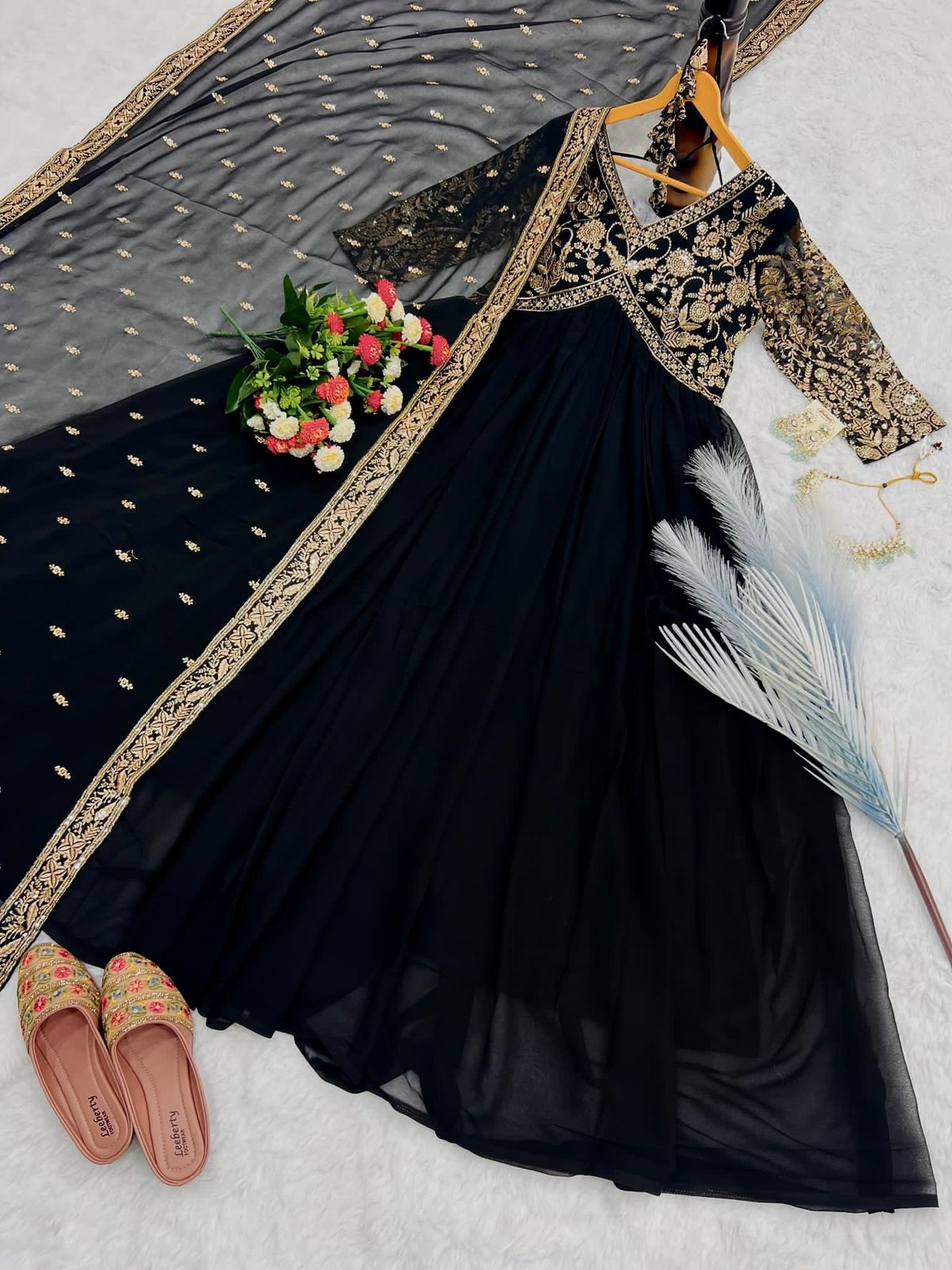 Designer Faux Georgette Gown | Embroidered Party Wear with Dupatta