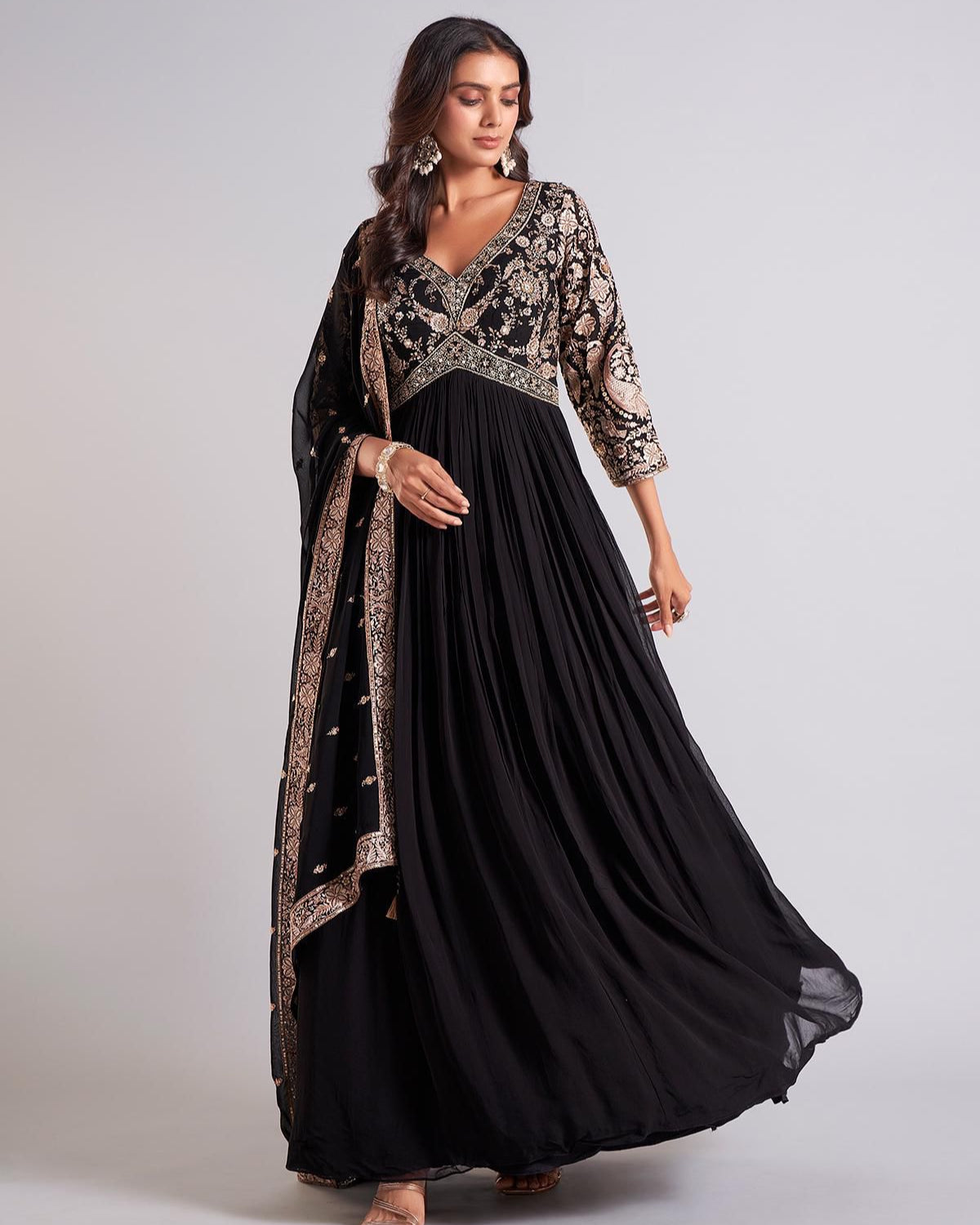 Designer Faux Georgette Gown | Embroidered Party Wear with Dupatta