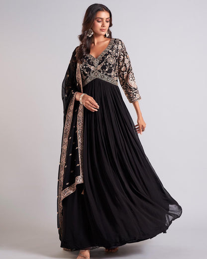 Designer Faux Georgette Gown | Embroidered Party Wear with Dupatta