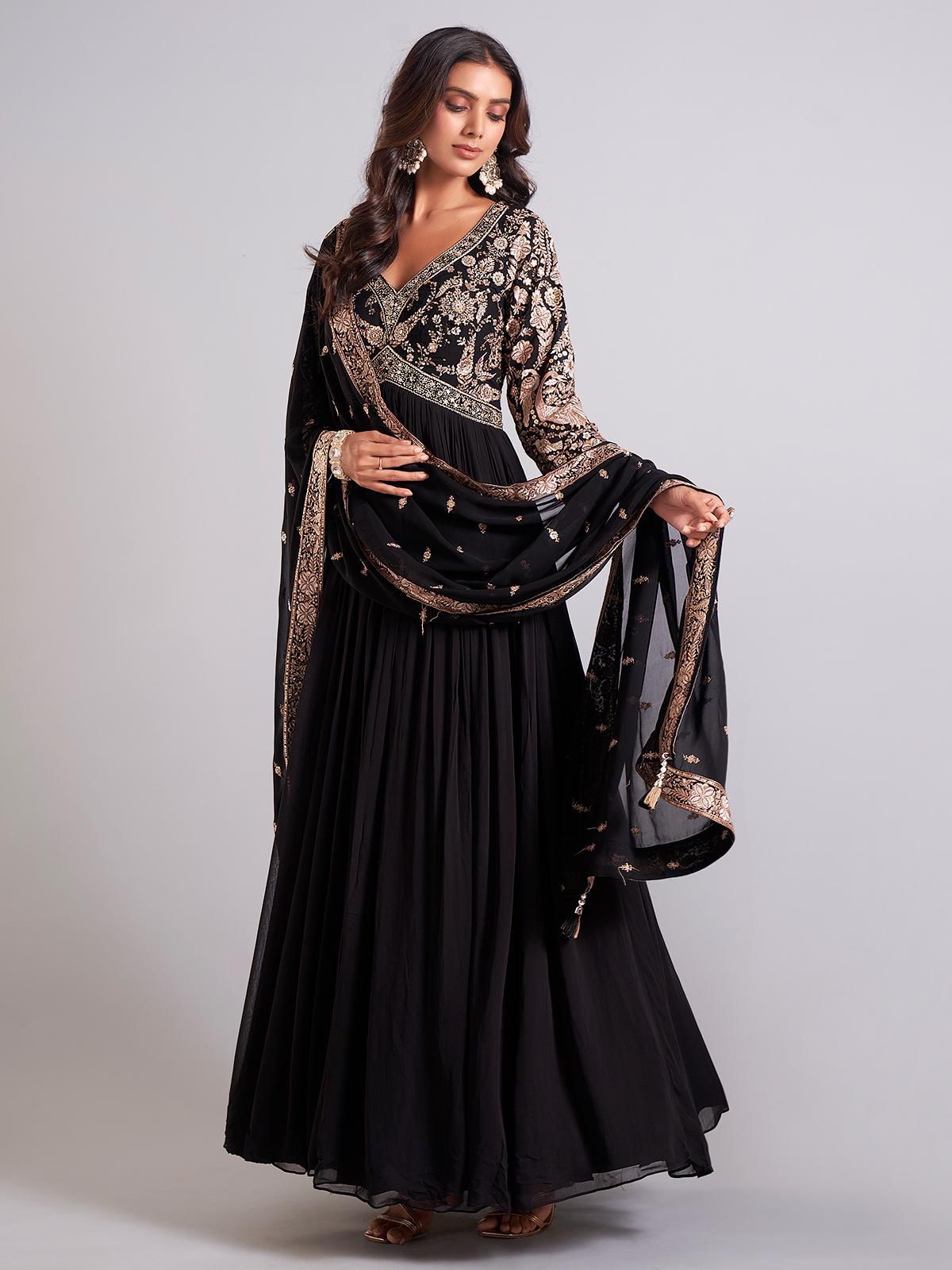 Designer Faux Georgette Gown | Embroidered Party Wear with Dupatta