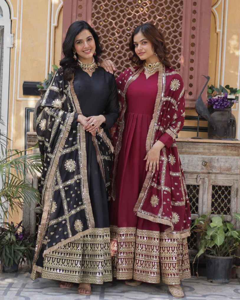Embroidered Star Georgette Gown with Dupatta – Zari Sequins Work