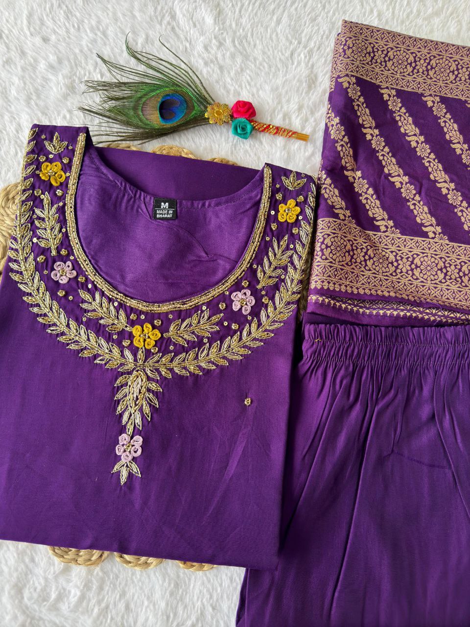 Designer Roman Silk Kurti Set – Handwork Kurti, Pant & Dupatta