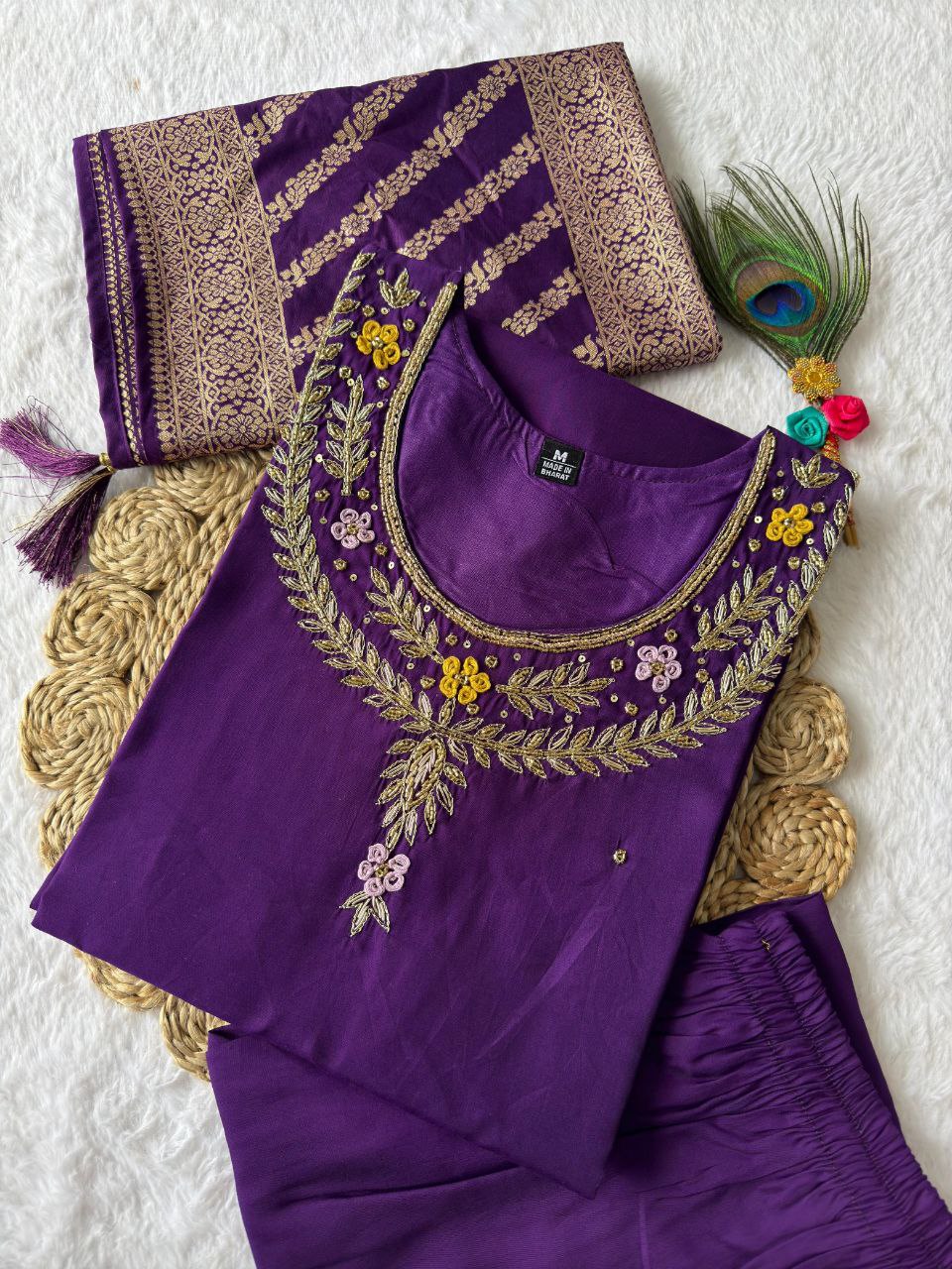 Designer Roman Silk Kurti Set – Handwork Kurti, Pant & Dupatta