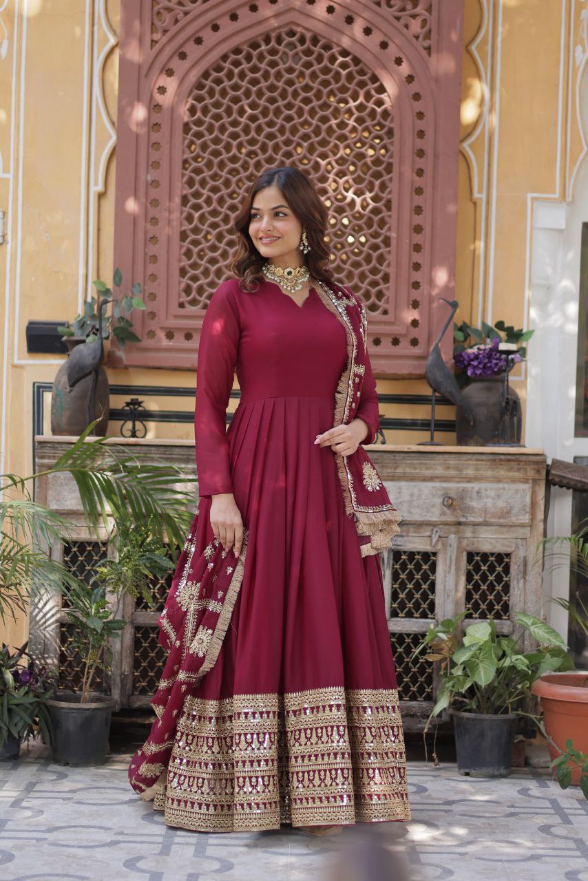 Embroidered Star Georgette Gown with Dupatta – Zari Sequins Work