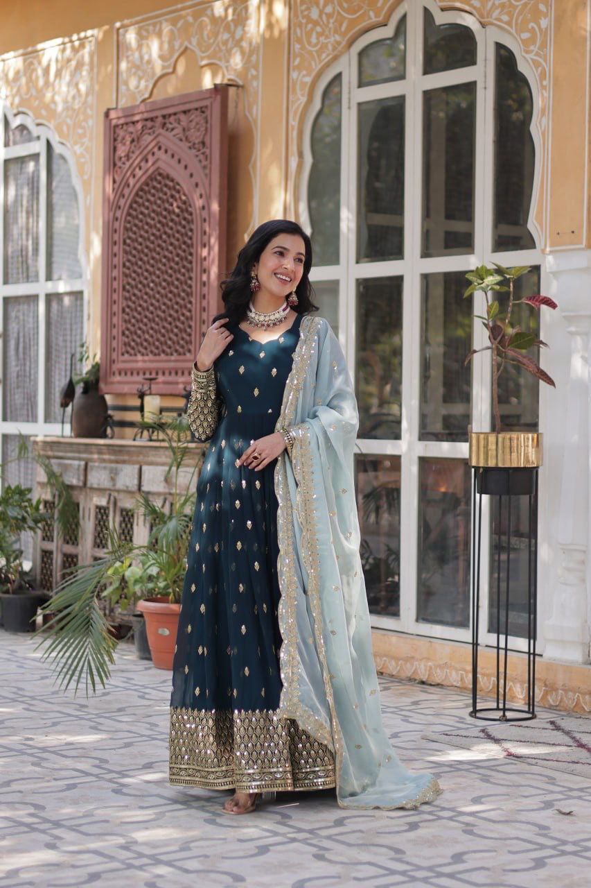 Designer Party Wear Gown with Dupatta | Heavy Embroidery & Sequence Work | Fully Stitched