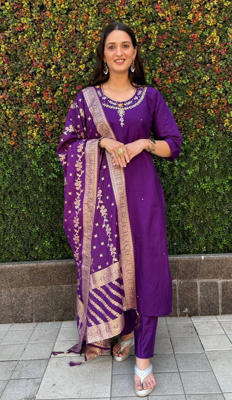 Designer Roman Silk Kurti Set – Handwork Kurti, Pant & Dupatta