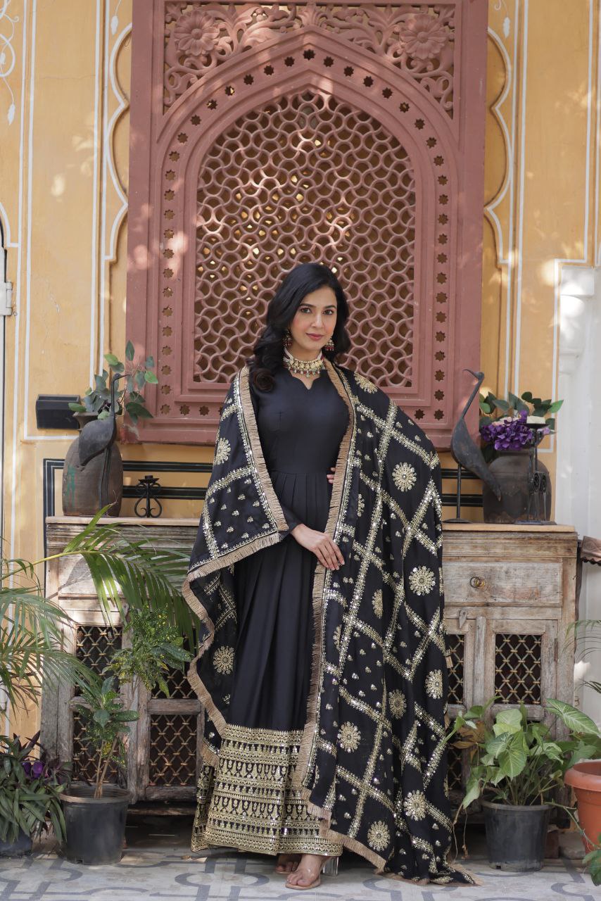 Embroidered Star Georgette Gown with Dupatta – Zari Sequins Work