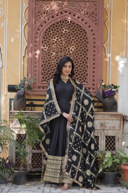 Embroidered Star Georgette Gown with Dupatta – Zari Sequins Work