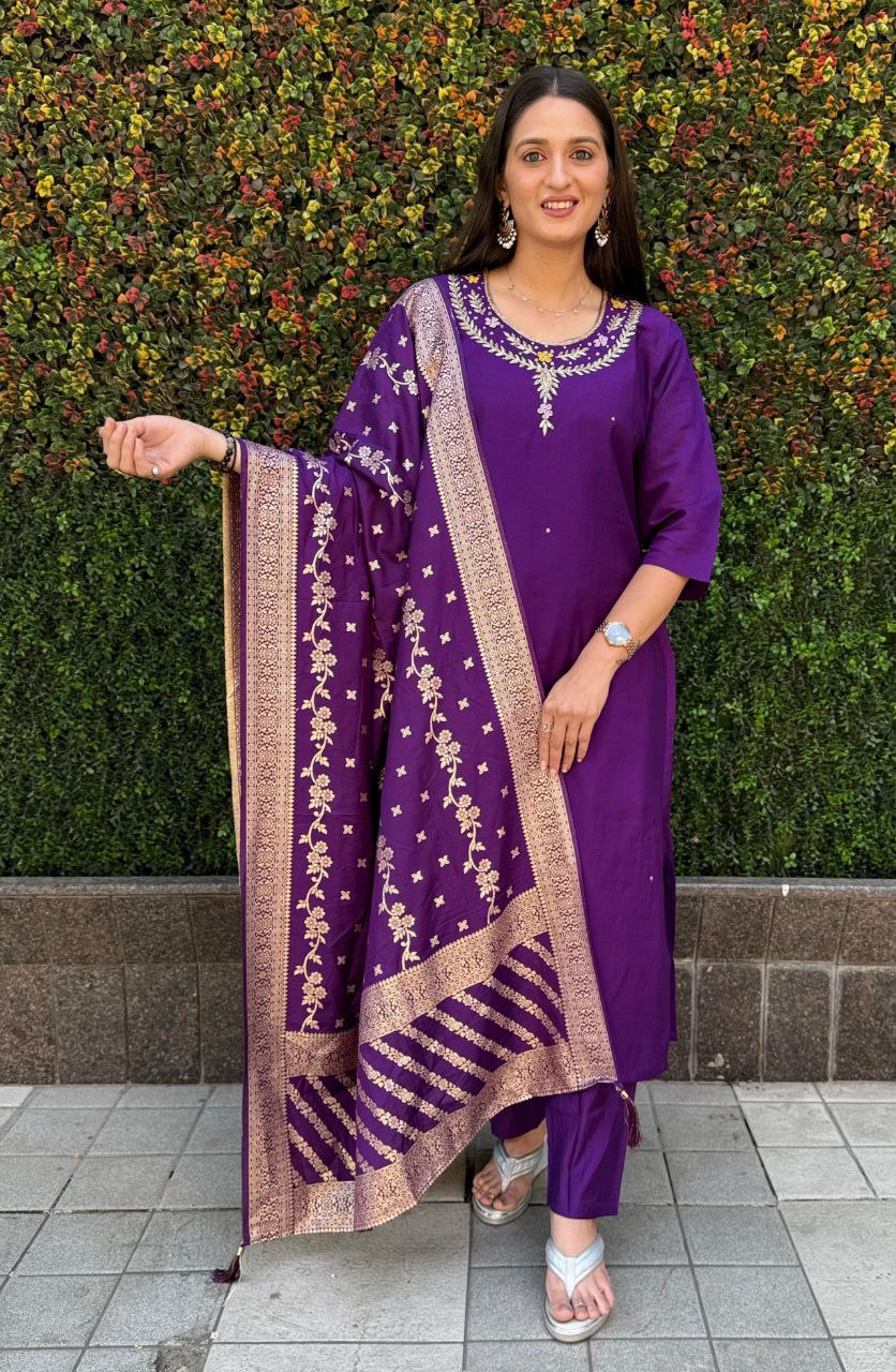 Designer Roman Silk Kurti Set – Handwork Kurti, Pant & Dupatta