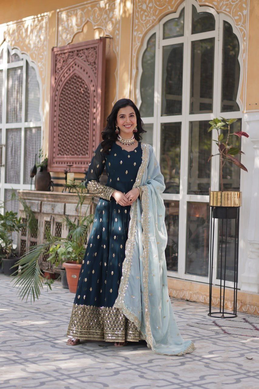 Designer Party Wear Gown with Dupatta | Heavy Embroidery & Sequence Work | Fully Stitched
