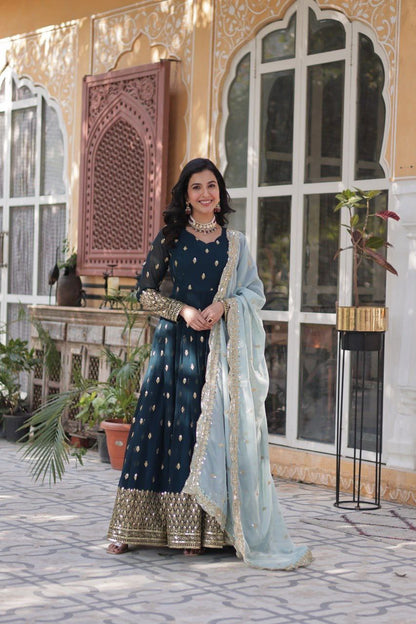 Designer Party Wear Gown with Dupatta | Heavy Embroidery & Sequence Work | Fully Stitched