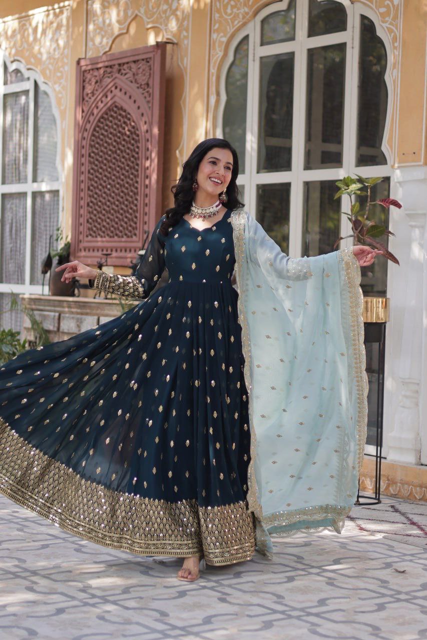 Designer Party Wear Gown with Dupatta | Heavy Embroidery & Sequence Work | Fully Stitched
