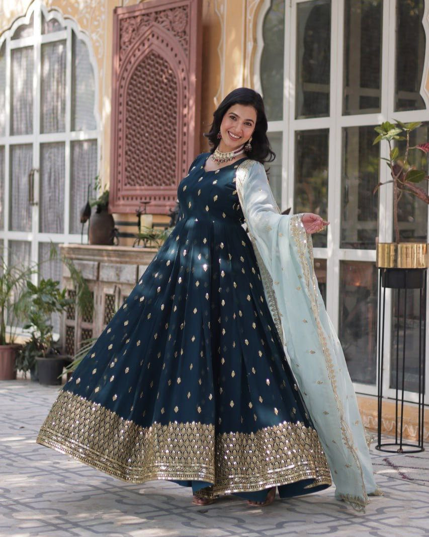 Designer Party Wear Gown with Dupatta | Heavy Embroidery & Sequence Work | Fully Stitched