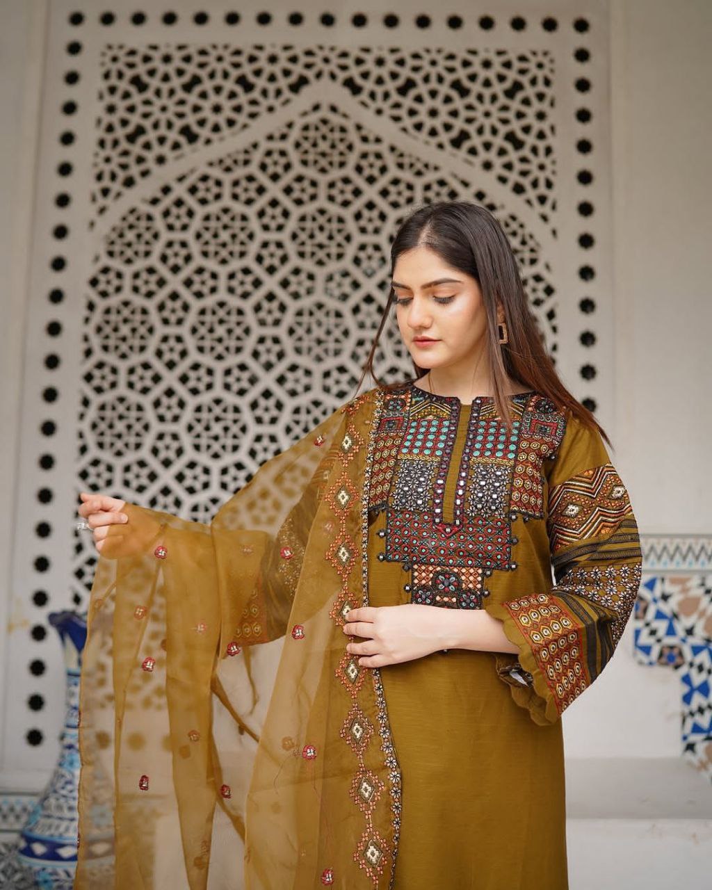 Roman Silk Embroidered Suit – Sequined Top, Pant & Organza Dupatta