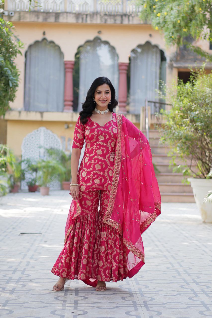 Designer Gharara Suit – Embroidered Viscose Georgette Kurti, Gharara & Silk Dupatta