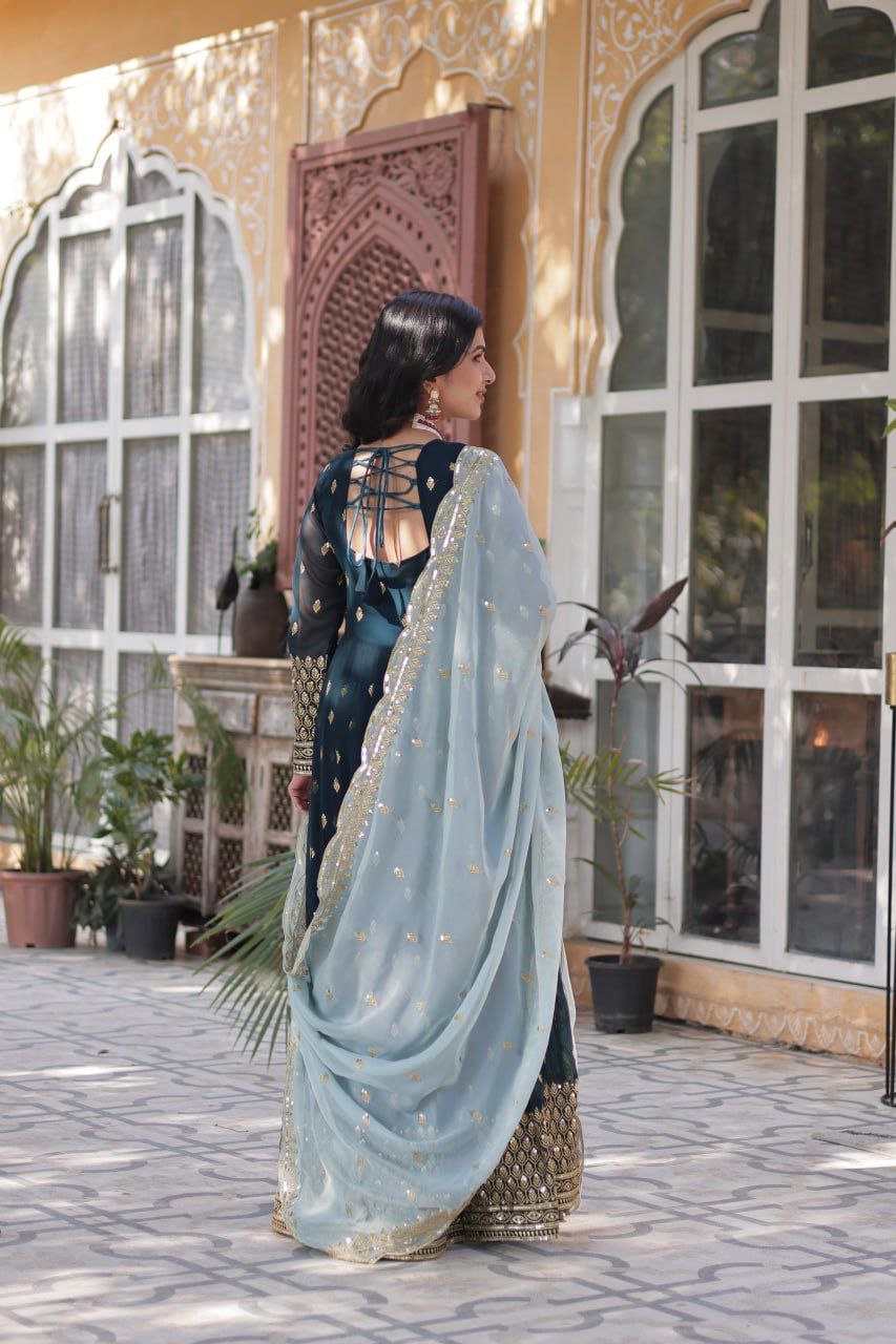 Designer Party Wear Gown with Dupatta | Heavy Embroidery & Sequence Work | Fully Stitched