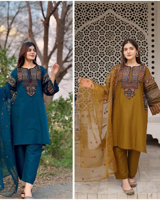 Roman Silk Embroidered Suit – Sequined Top, Pant & Organza Dupatta