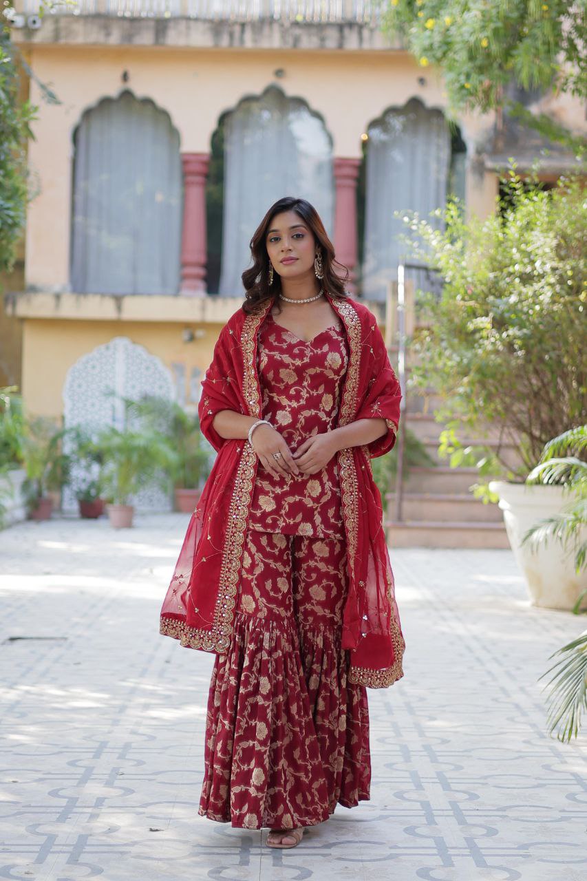 Designer Gharara Suit – Embroidered Viscose Georgette Kurti, Gharara & Silk Dupatta