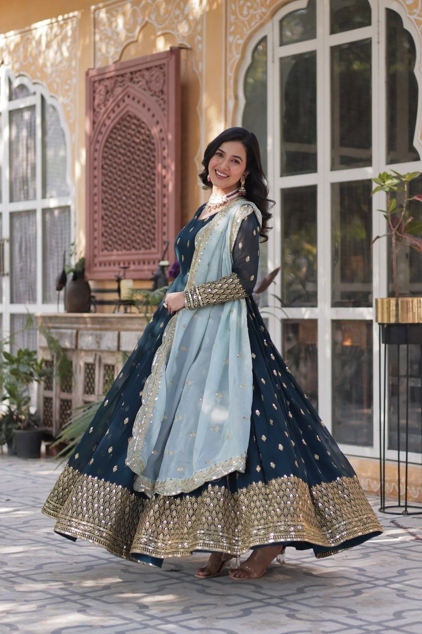 Designer Party Wear Gown with Dupatta | Heavy Embroidery & Sequence Work | Fully Stitched
