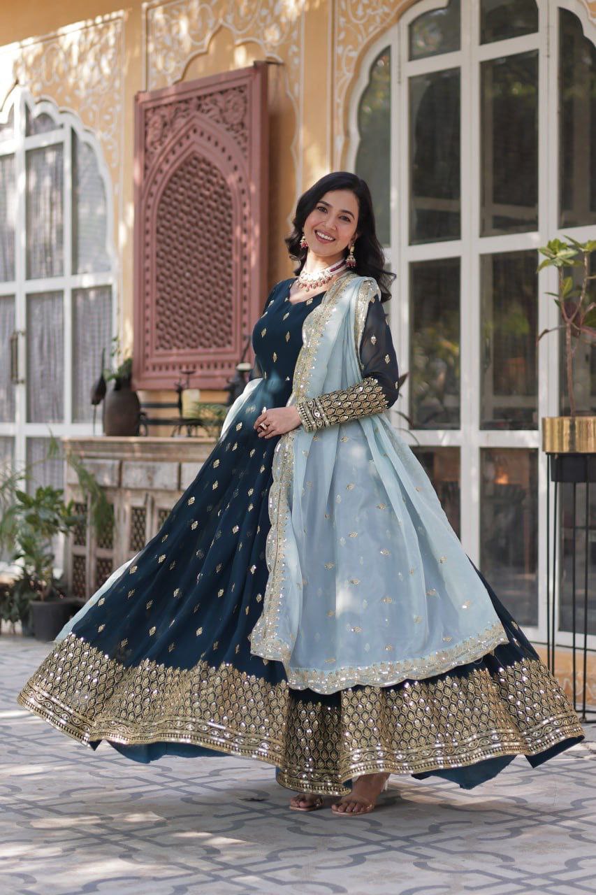 Designer Party Wear Gown with Dupatta | Heavy Embroidery & Sequence Work | Fully Stitched