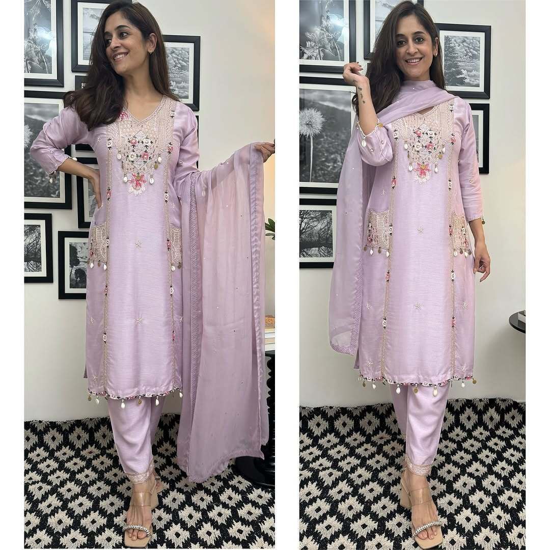 Premium Hand Work Kurti Pant Dupatta Set in Pure Banana Silk