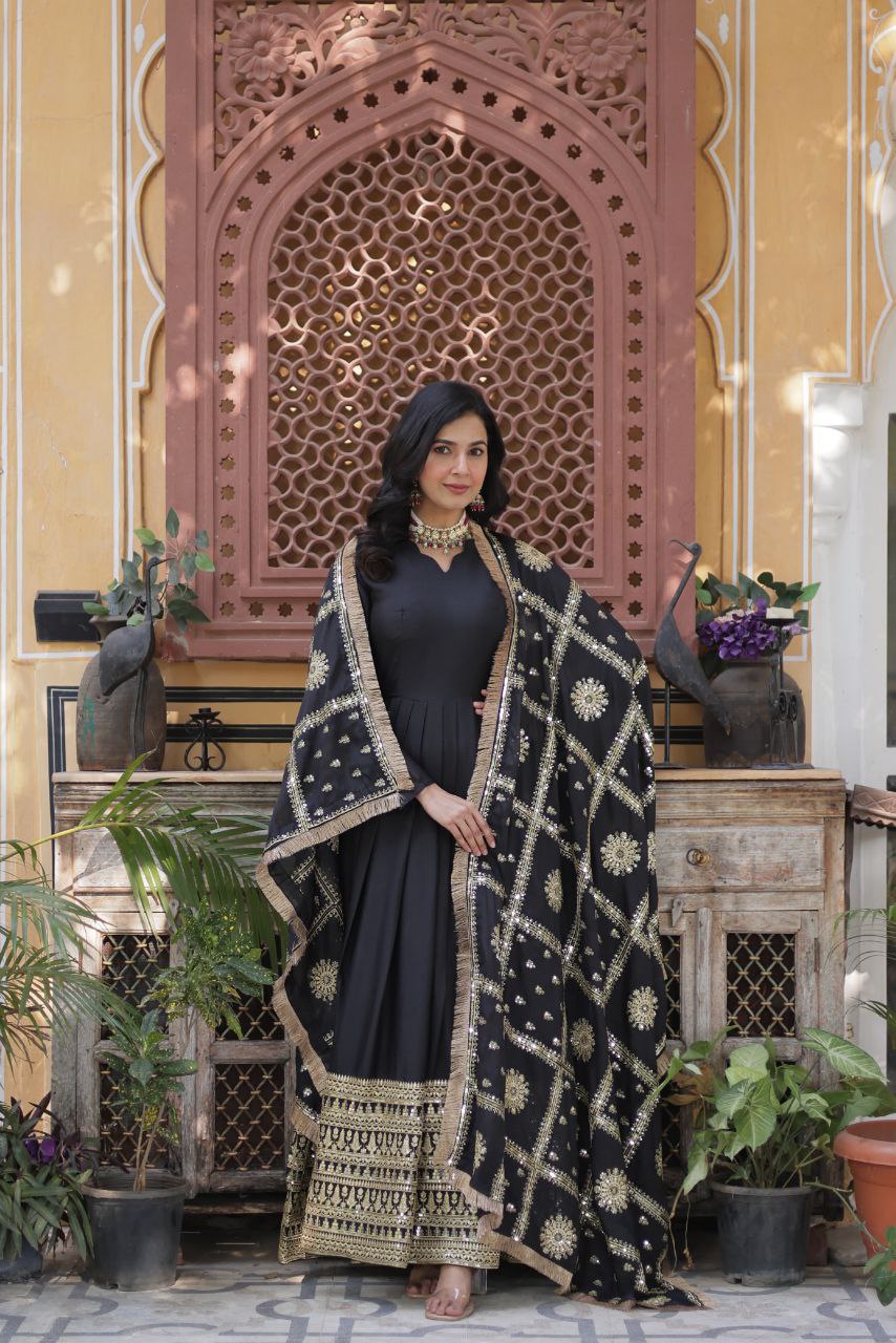 Embroidered Star Georgette Gown with Dupatta – Zari Sequins Work