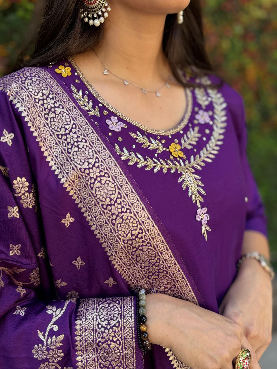 Designer Roman Silk Kurti Set – Handwork Kurti, Pant & Dupatta