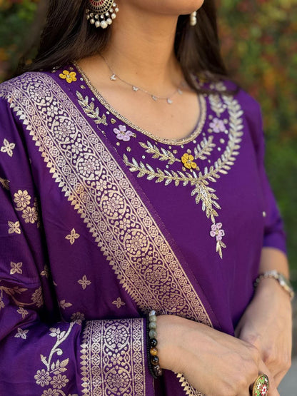 Designer Roman Silk Kurti Set – Handwork Kurti, Pant & Dupatta